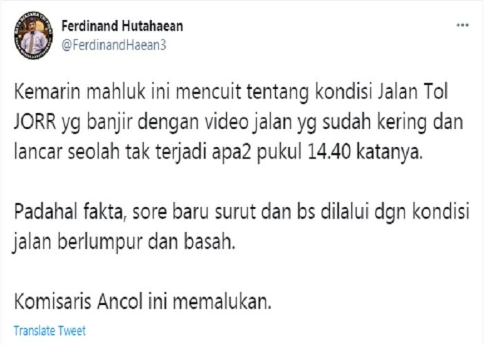 Cuitan Ferdinand Hutahaean yang menyindir Geisz Chalifah soal banjir di DKI Jakarta.