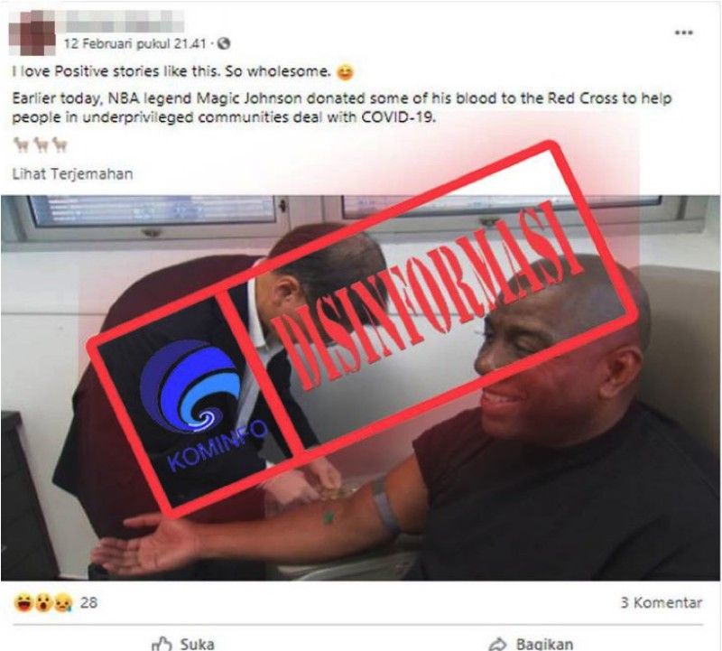 Tangkapan layar cuitan Facebook yang menyebut Magic Johnson mendonorkan darahnya kepada pasien Covid-19.