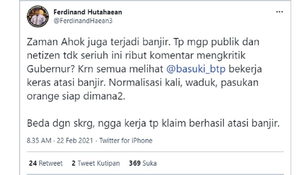 Tangkap layar Cuitan Ferdinand Hutahaean soal Banjir Jakarta.*