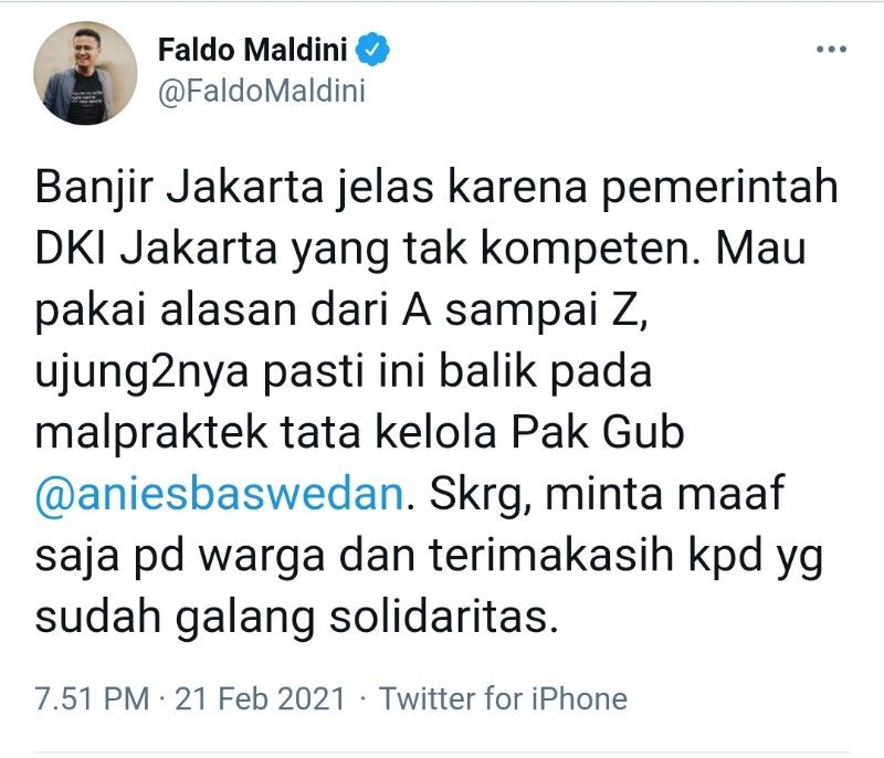 Tangkapan layar unggahan politisi PSI Faldo Maldini.