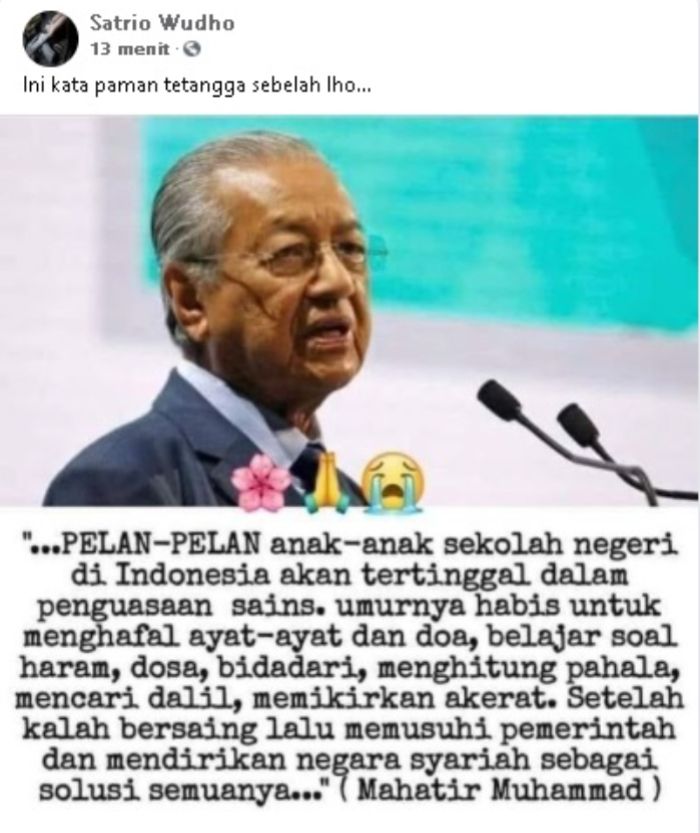 Tangkapan layar Mahathir Mohamad yang memperingati anak-anak Indonesia soal Alquran.