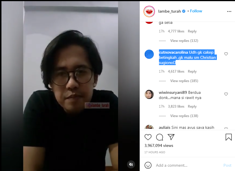 Tangkapan layar dari Instagram yang menyebutkan Ayus tidak lebih cakep dari Christian Sugiono.