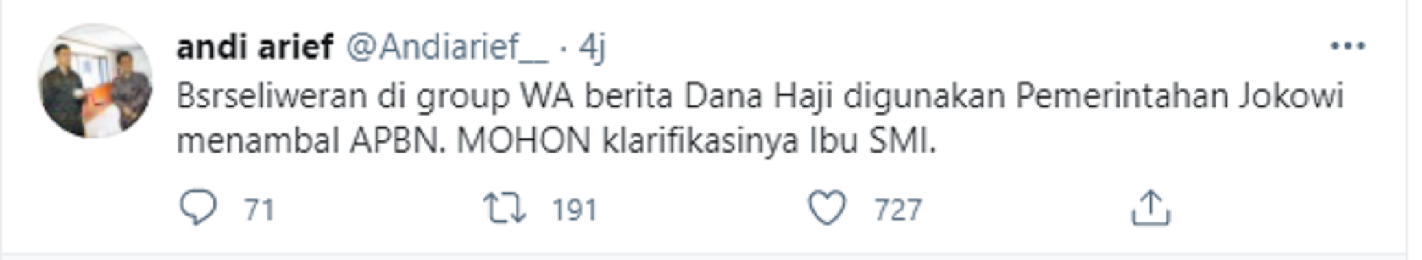 Tangkapan layar unggahan Andi Arief yang mendesak Sri Muyani atas rumor dana haji yang dipakai menambal APBN. 