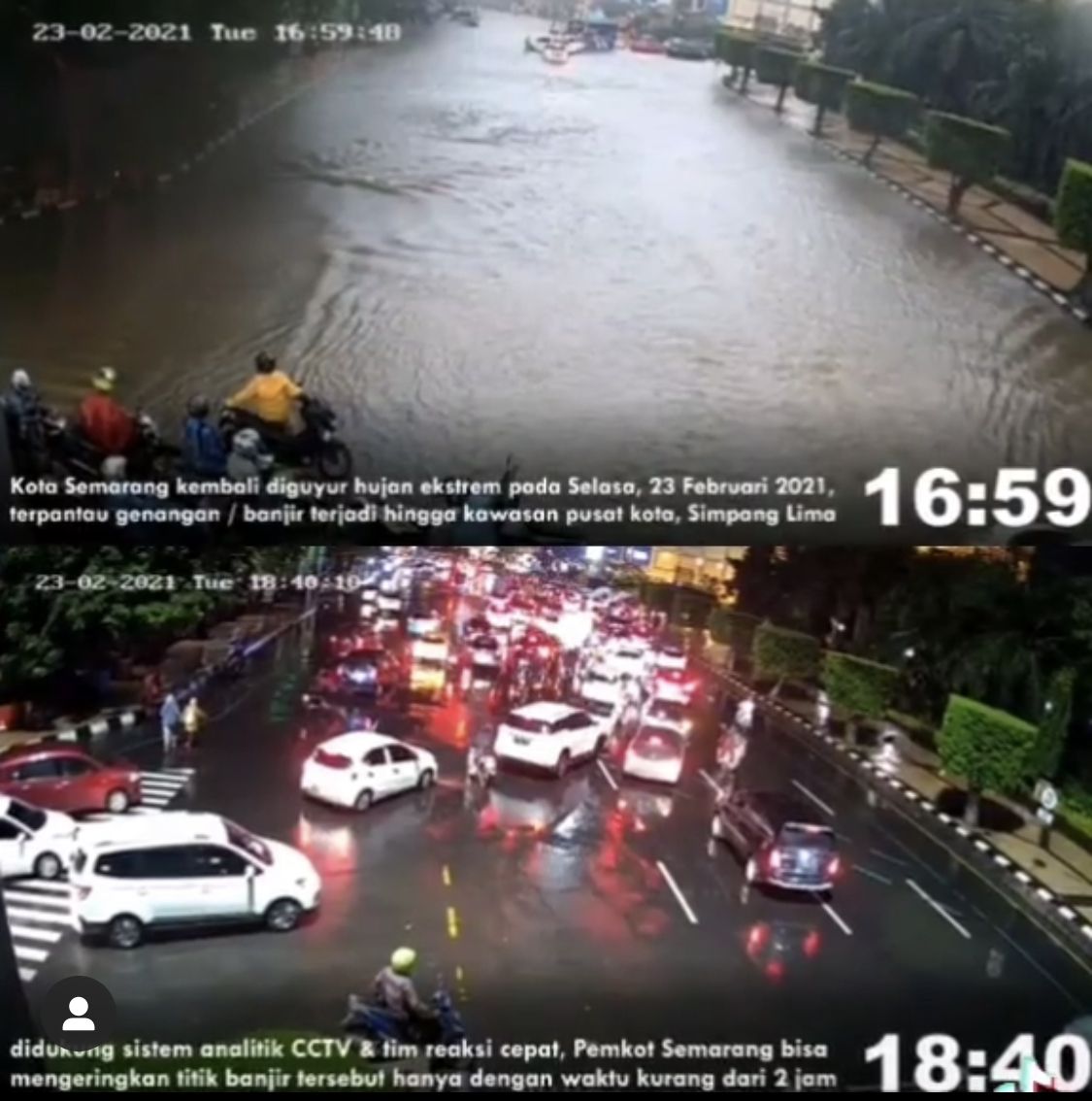 Kondisi memperlihatkan suasana kawasan simpang lima saat banjir dan surut, Selasa 23 Februari 2021