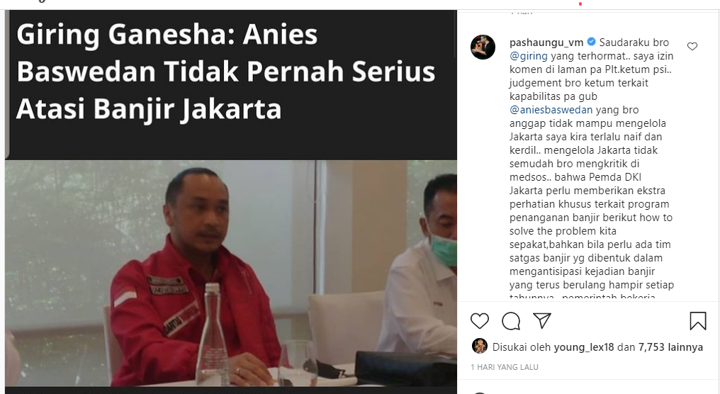Pasha Ungu menanggapi pernyataan Giring Ganesha yang mengomentari kinerja Anies Baswedan dalam menangani banjir di DKI Jakarta.*