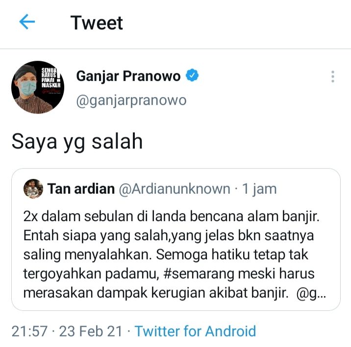 Tweet yang ditunjukkan ke Gubernur Jawa Tengah Ganjar Pranowo saat banjir Semarang, Selasa 23 Februari 2021