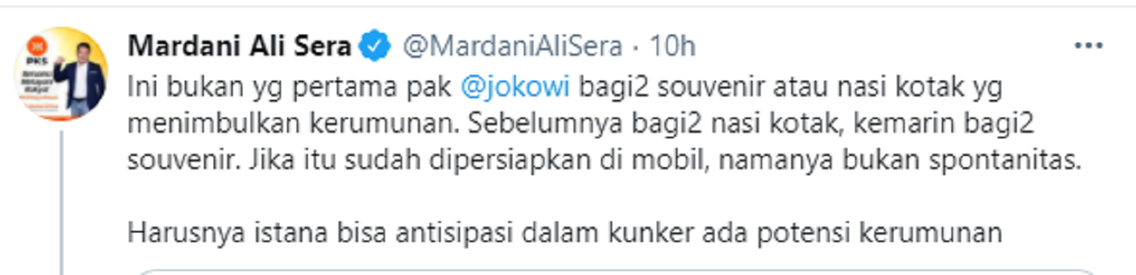 Cuitan Mardani Ali Sera tanggapi kerumunan saat kunjungan kerja Jokowi ke NTT, Selasa 23 Februari 2021.