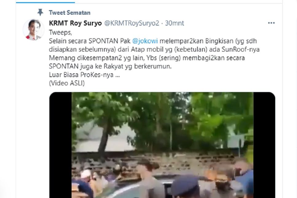 Tangkap layar Cuitan Roy Suryo soal video dugaan kerumunan Warga NTT dan Presiden Jokowi.*