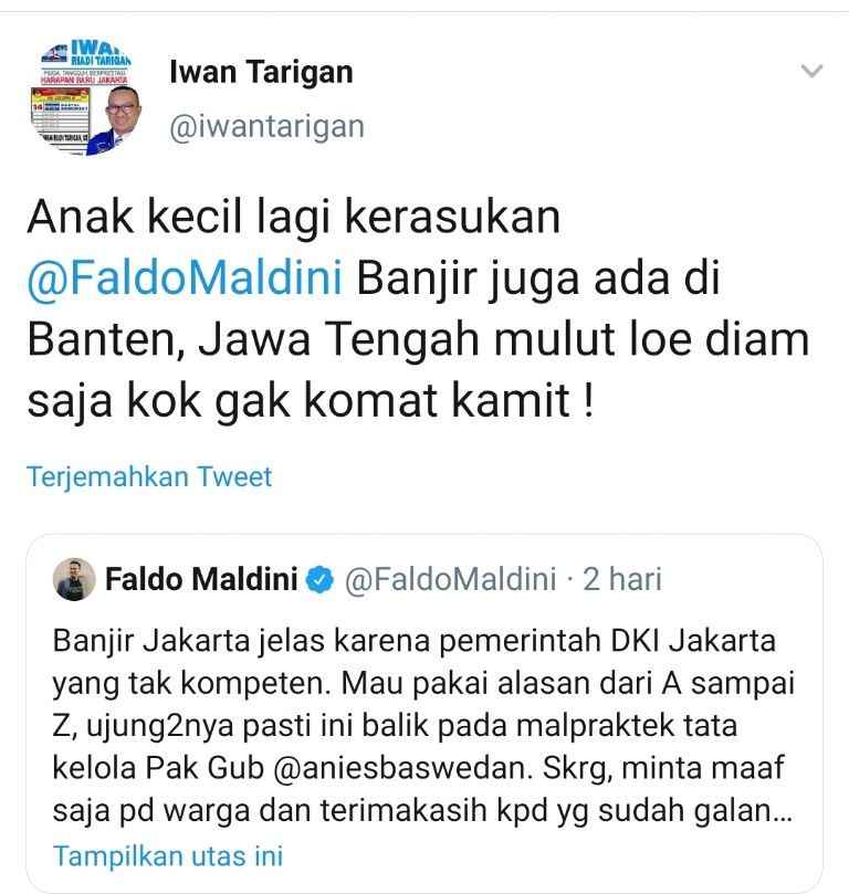 Tangkapan layar Iwan Tarigan membalas cuitan Politisi PSI Faldo Maldini terkait banjir Jakarta.