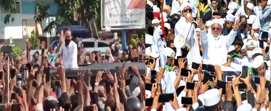 Kolase dua potret kerumunan massa di tengah Jokowi dan Habib Rizieq Shihab saat masa Pandemi Covid-19. 