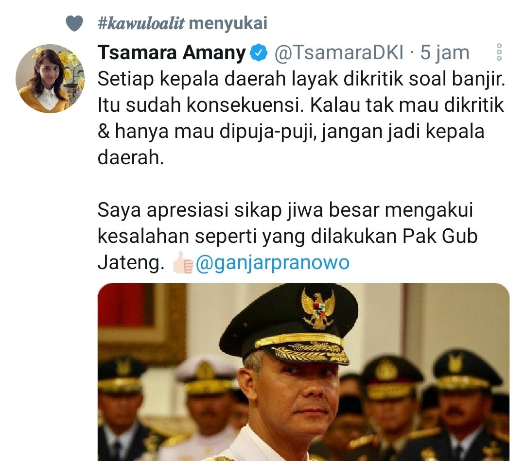 Tangkapan layar postingan Tsamara Amany yang memuji Ganjar Pranowo.