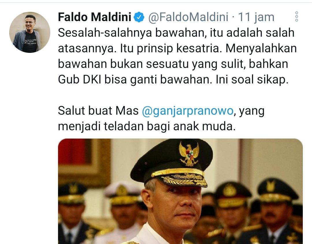 Postingan Faldo Maldini yang memuji Ganjar Pranowo.