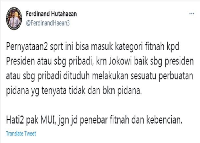 Cuitan Ferdinand Hutahaean yang komentari pernyataan Waketum MUI, Anwa Abbas yang menilai Presiden Jokowi juga harus ditahan imbas kerumunan di Maumere seperti Habib Rizieq.