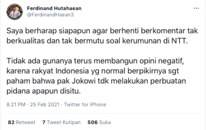 Cuitan Ferdinand Hutahean soal kerumunan Presiden Jokowi di NTT.*