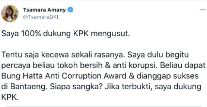 Cuitan Tsamara Amany yang mendukung KPK.*