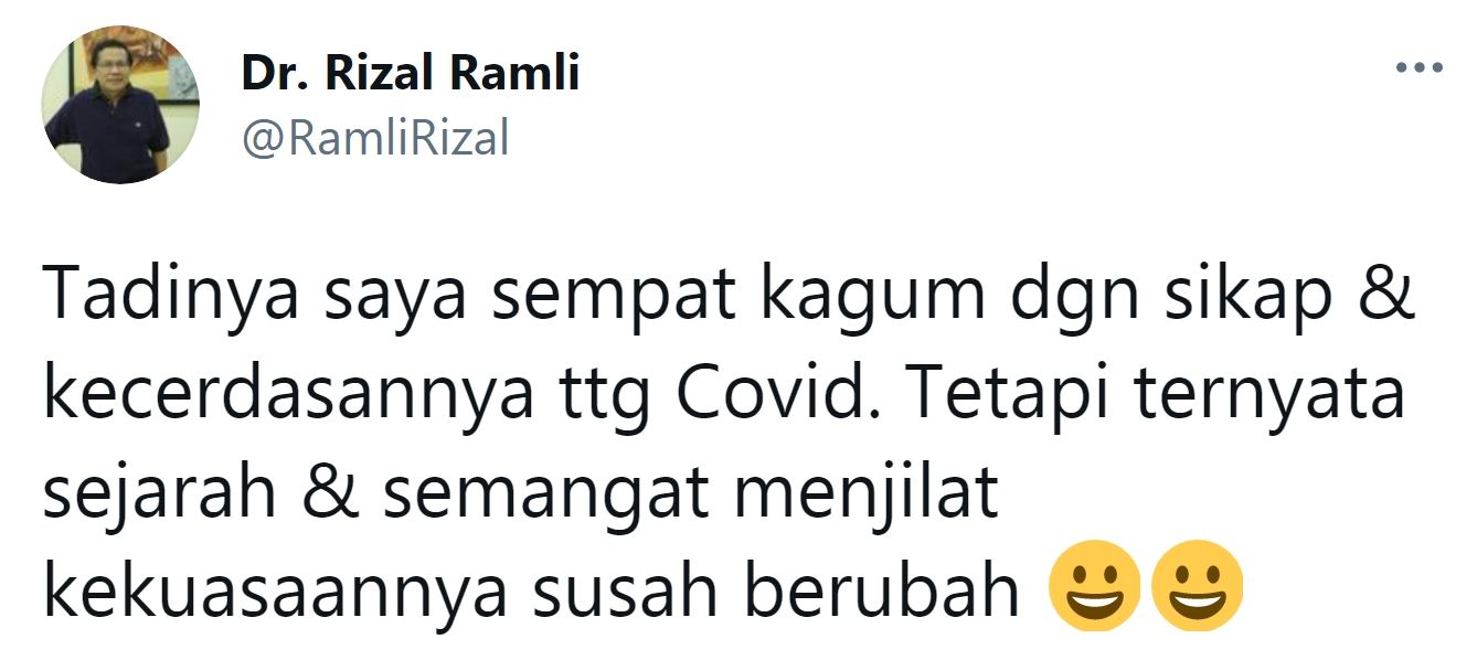Tangkapan layar cuitan Rizal Ramli./Twitter/@RamliRizal