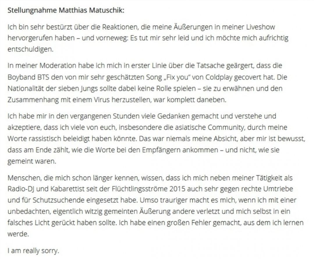 Permintaan maaf DJ Radio Jerman Matthias Matsuchik.*