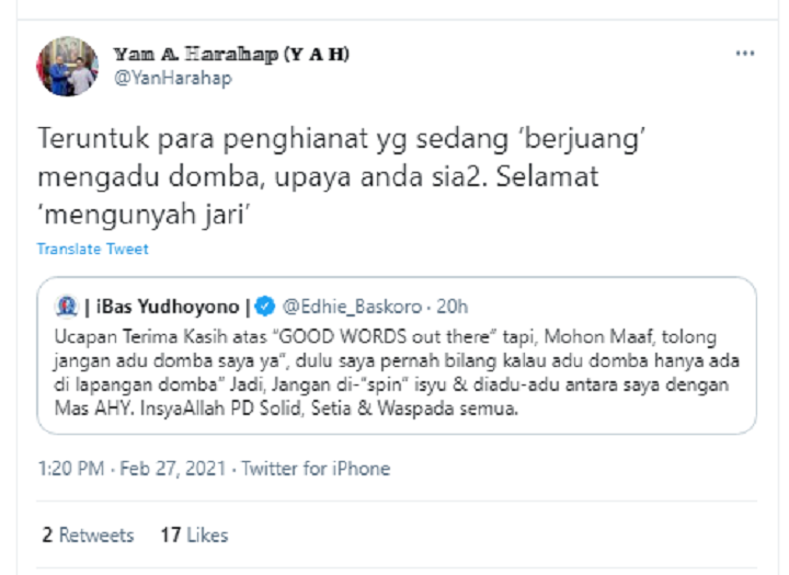 Tangkapan layar komentar Yan A Harahap terkait cuitan Ibas Yudhoyono soal adu domba.*