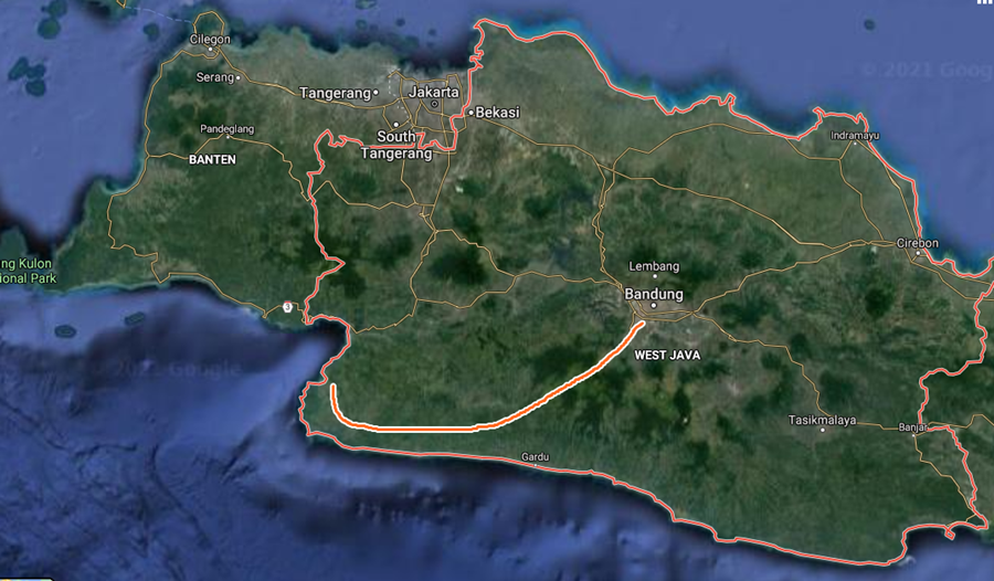 Prediksi jalur yang pernah direncanakan untuk rute kereta api Bandung-Ciletuh