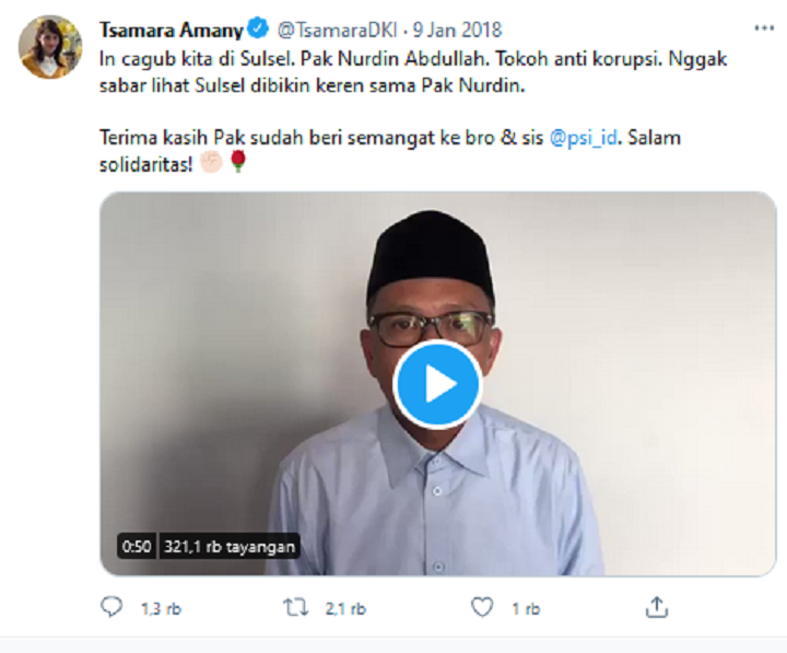 Tangkapan layar unggahan Tsamara Amany yang puji Nurdin Abdullah.*