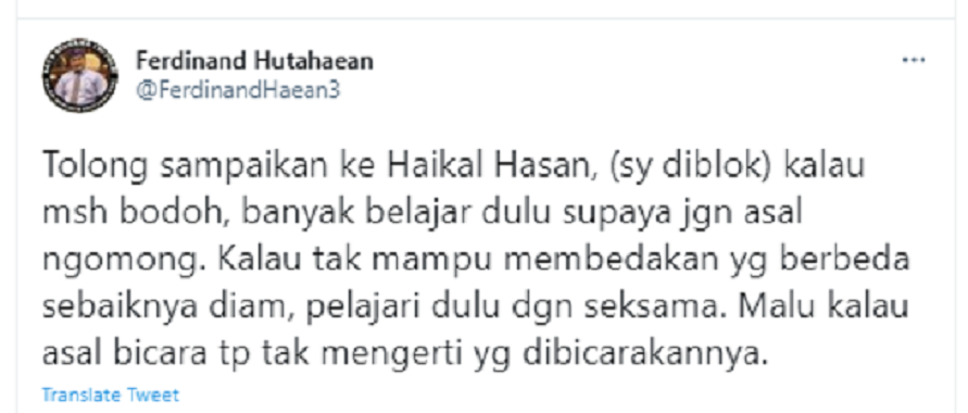 Tangkap layar unggahan Ferdinand Hutahaean yang beri komentar pedas terhadap Haikal Hassan soal kerumunan Jokowi.*