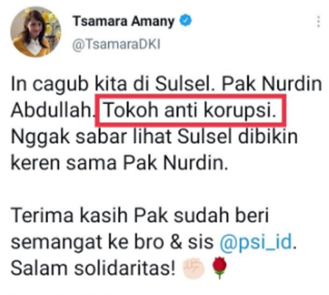 Cuitan Politisi PSI Tsamara Amany saat memuju Nurdin Abdullah