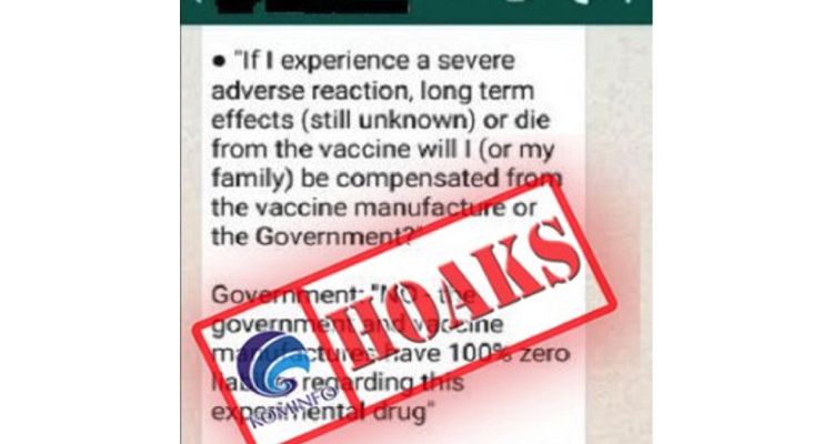 Tangkapan layar percakapan WhatsApp yang menyebut warga yang cacat atau meninggal dunia akibat vaksinasi Covid-19 tidak bakal dapat kompensasi
