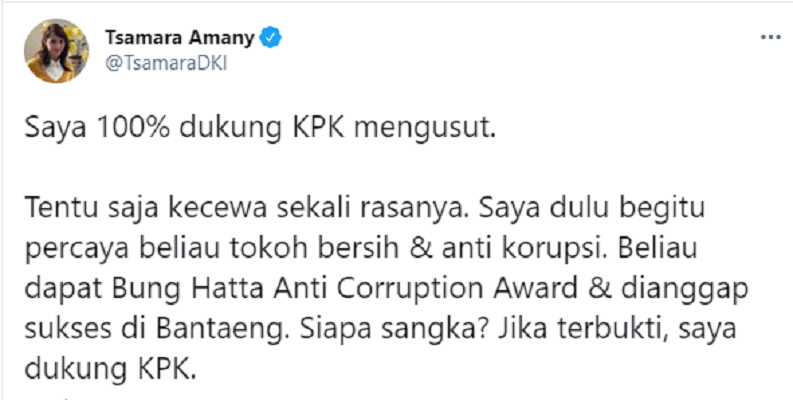 Cuitan Tsamara Amany soal penangkapan Nurdin Abdullah oleh KPK.