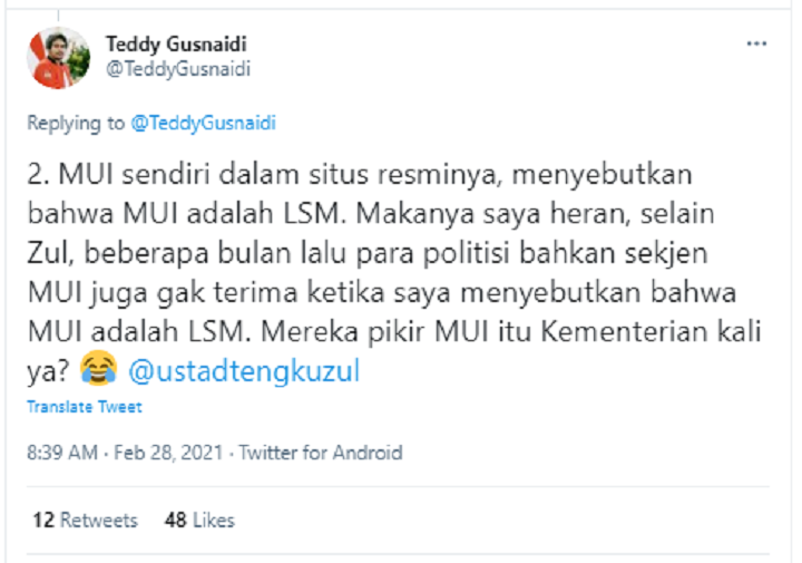 Tangkapan layar unggahan Teddy Gusnaidi yang bantah telah melecehkan MUI.*