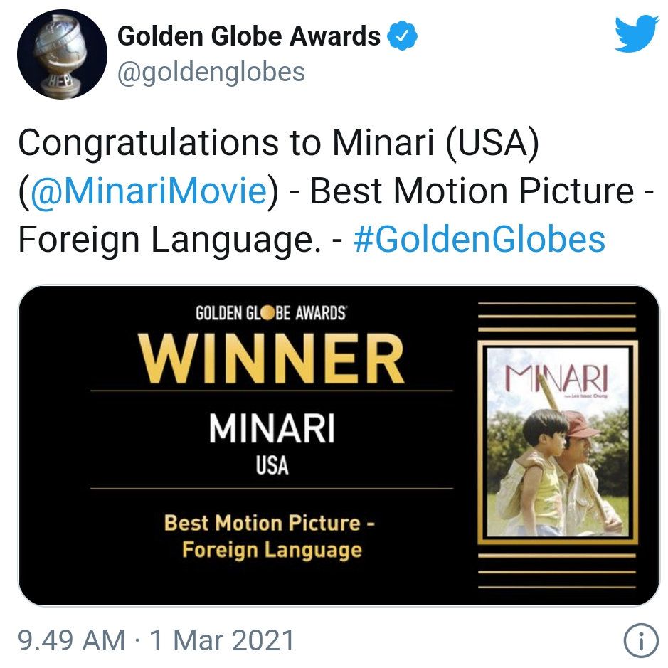 Pengumuman yang menyatakan film Minari menjadi Film Berbahasa Asing Terbaik, Golden Globe.