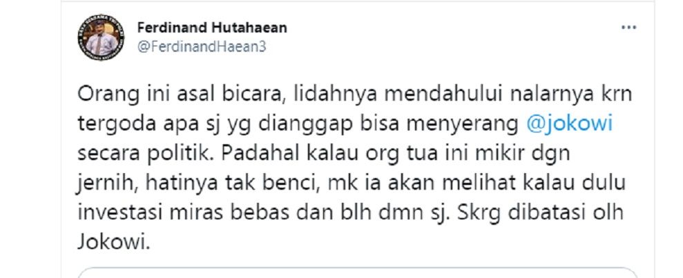 Cuitan Ferdinand Hutahaean soal kritik Amien Rais yang sebut Jokowi merusak Akhlak dan Moral secara politik.*