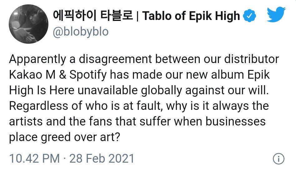 Ungkapan rasa kecewa dari Epic High yang diunggah di laman Twitter resmi miliknya terkait kisruh antara Spotify dengan Kakao M.
