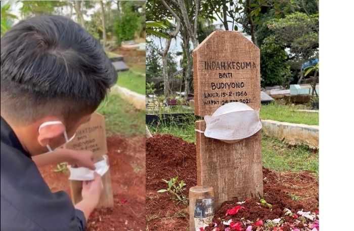Viral Pria Ini Pasang Masker di Nisan  Kuburan Ibunya 