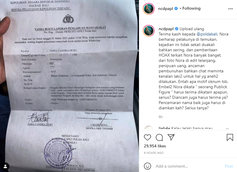 Surat tanda bukti laporan pengaduan yang diunggah Nora Alexandra di akun instagram 