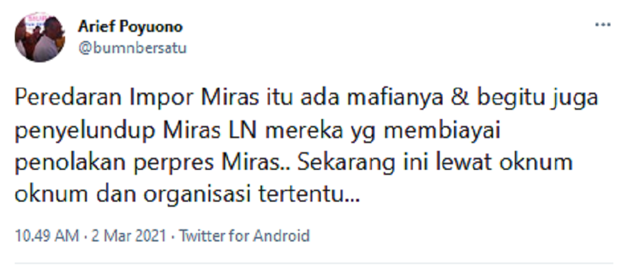 Tangkapan layar unggahan Arief Poyuono yang dukung Perpres izin legalitas miras,*