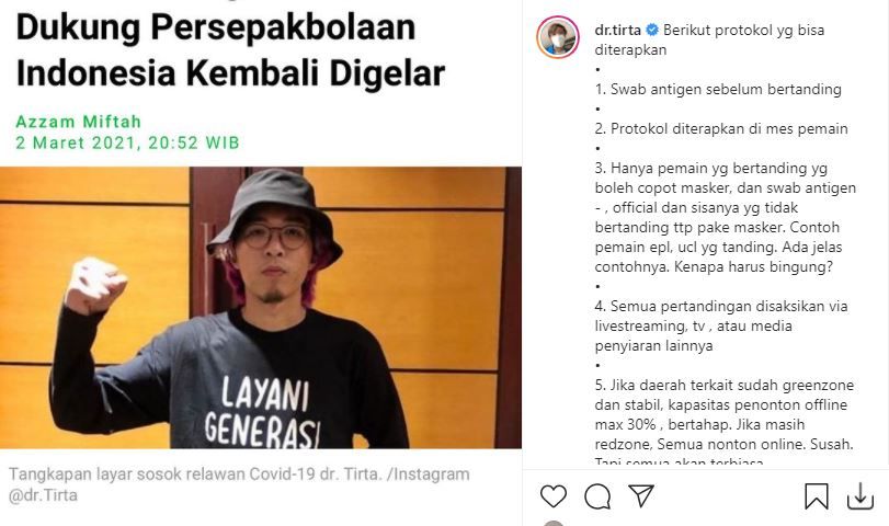 Tangkap layar Instagram dr.Tirta yang mendukung digelarnya sepak bola denga berbagai persyaratan.