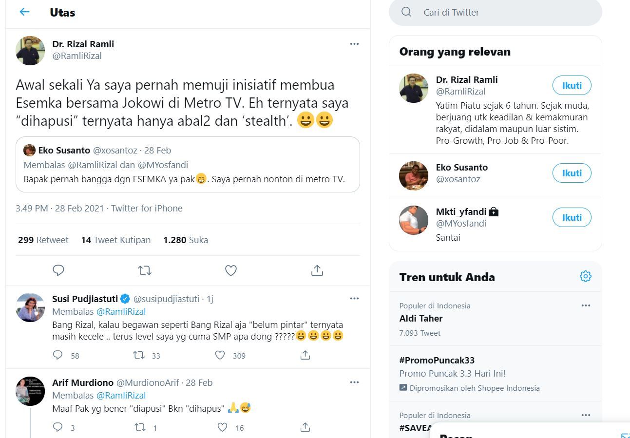 Cuitan rizal Ramli soal dirinya yang merasa tertipu dengan inovasi Esemka yang digaungkan Jokowi ditanggapi oleh susi Pudjiastuti.