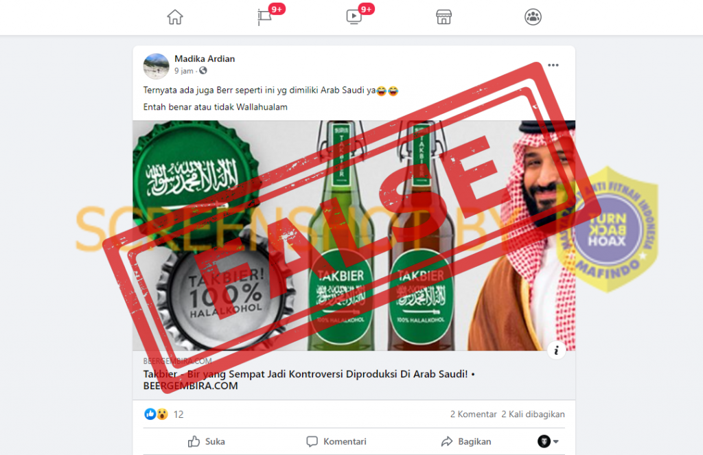 kabar yang menyebut Arab Saudi memproduksi minuman beralkohol atau bir dengan nama Takbier.