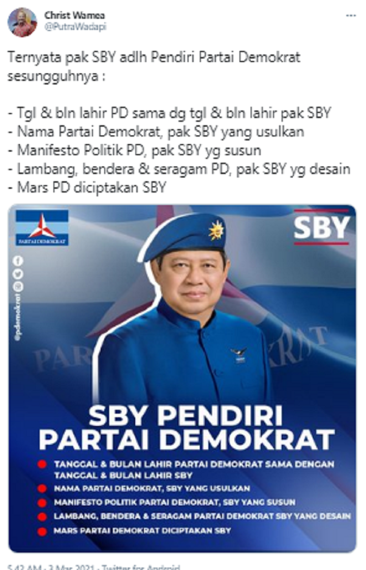 Tangkapan layar unggahan Crist Wamea saat sebut SBY sebagai pendiri seseungguhnya Partai Demokrat.*
