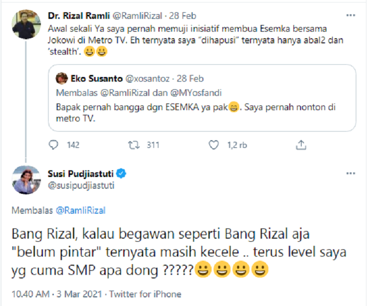 Tangkapan layar unggahan Rizal Ramli yang dikomentari oleh Susi Pudjiastuti.*