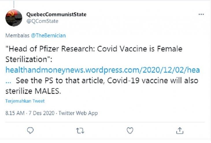 Tangkapan layar hoaks yang menyatakan vaksin COVID-19 bisa buat wanita mandul. (Twitter) 