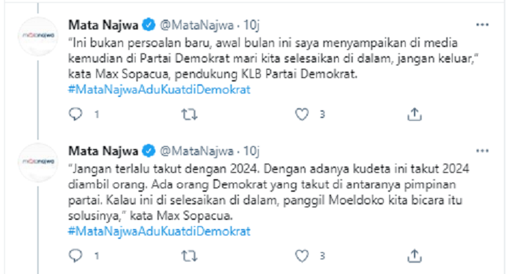 Tangkapan layar unggahan Mata Najwa soal pernyataan dari Max Sopacua.