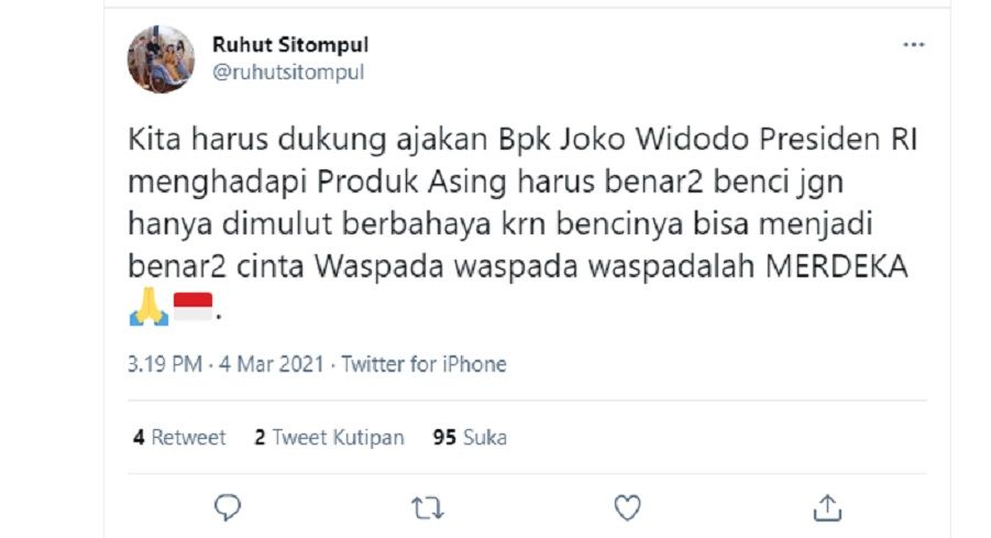 Cuitan Ruhut Sitompul dukung pernyataan Presiden Jokowi untuk gaungkan cintai produk Indonesia dan benci produk asing.*