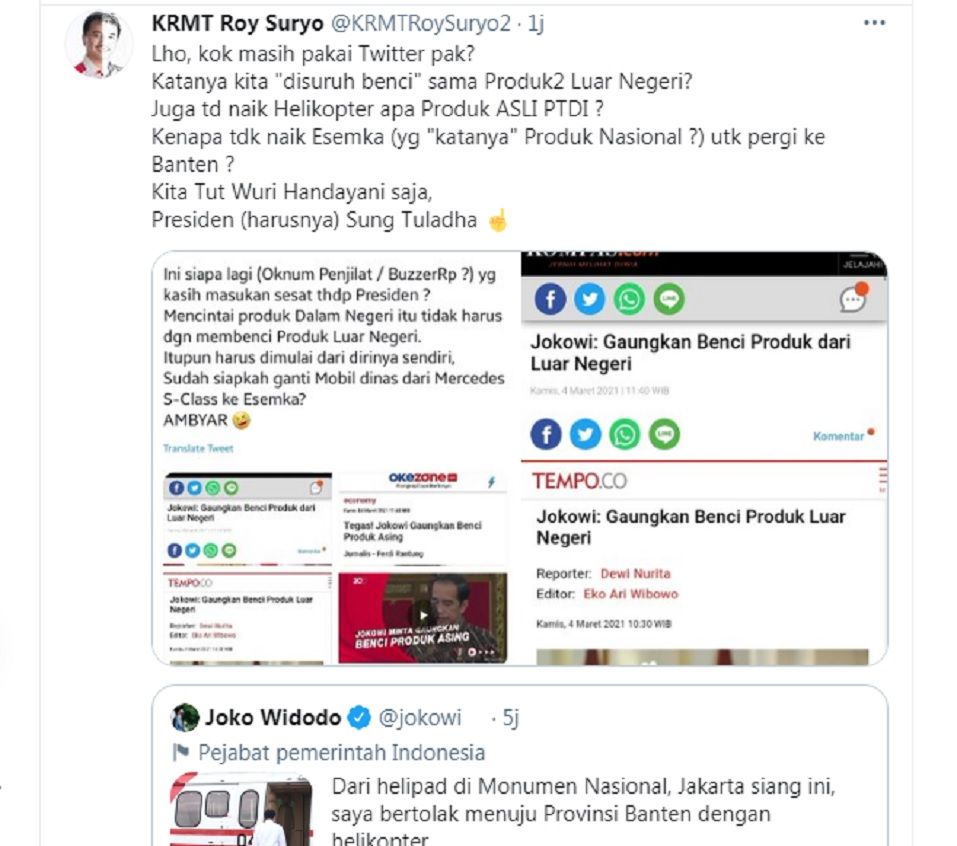 Cuitan Roy Suryo yang singgung pernyataan Jokowi terkait gaungkan benci produk asing dan cintai produk Indonesia.*