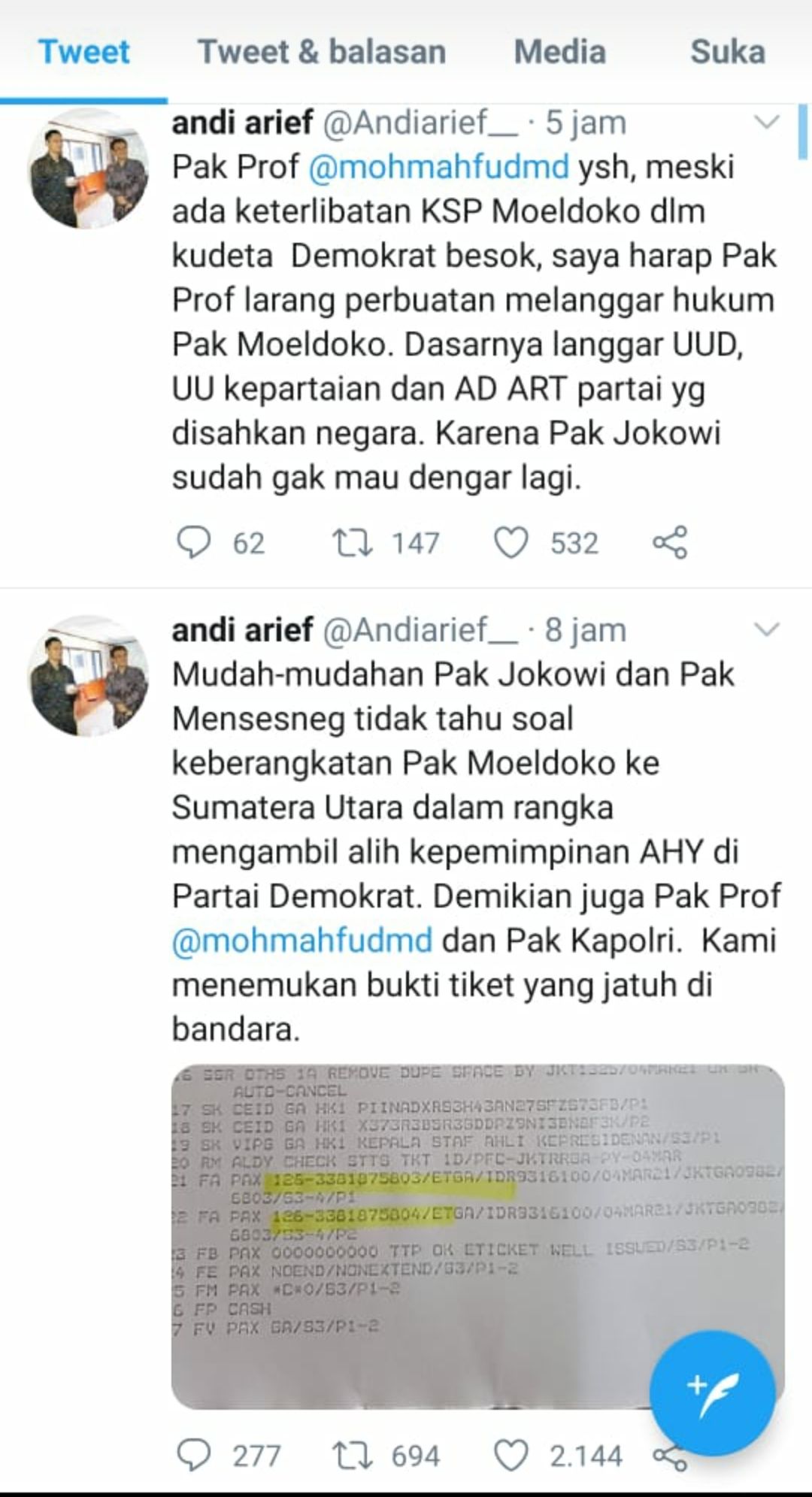 Cuitan Andi Arief yang sebut nama Moeldoko hadir dalam KLB Demokrat di Sumatera Utara.