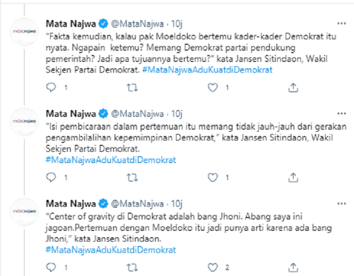 Tangkapan layar unggahan Mata Najwa soal komentar Jansen Sitindaon.*