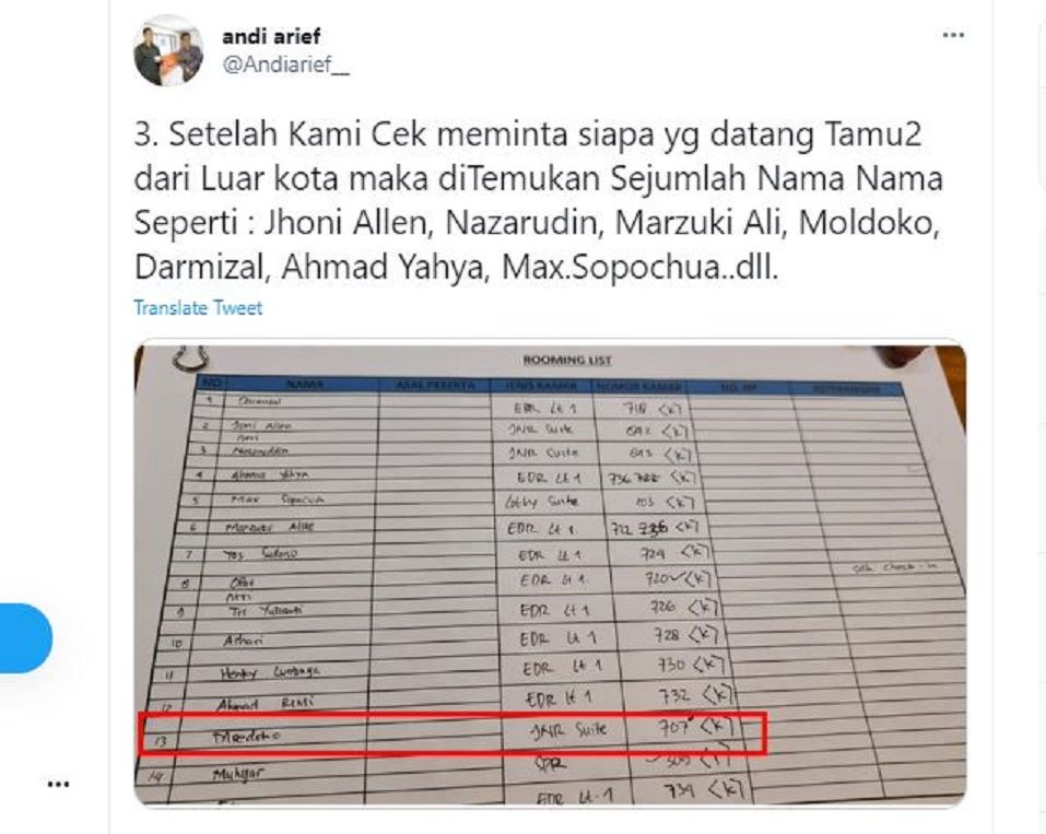 Politisi Partai Demokrat, Andi Arief bagikan bukti absensi di satu hotel.