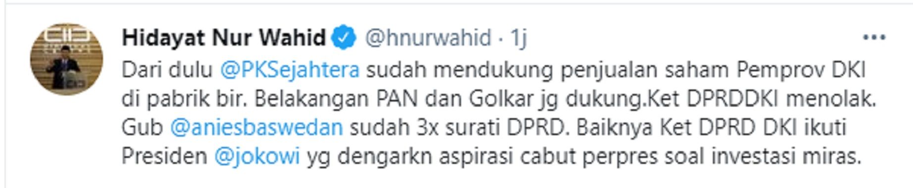 Tangkapan layar unggahan Hidayat Nur Wahid soal desakan terhadap Anies Baswedan terkait penjualan saham miras.*