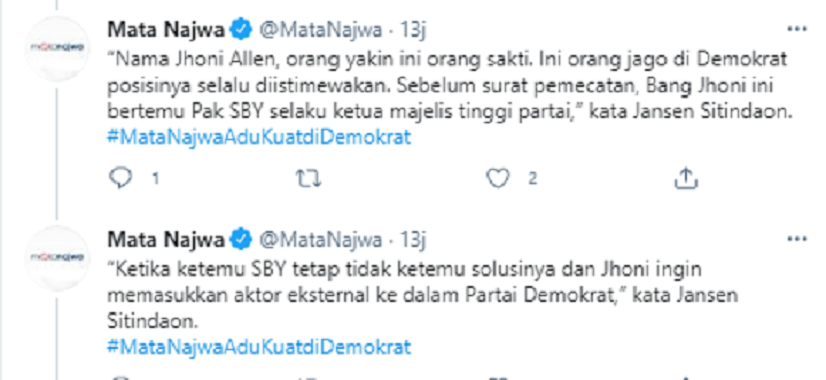 Tangkapan layar unggahan Mata Najwa soal pernyataan Jansen Sitindaon.*