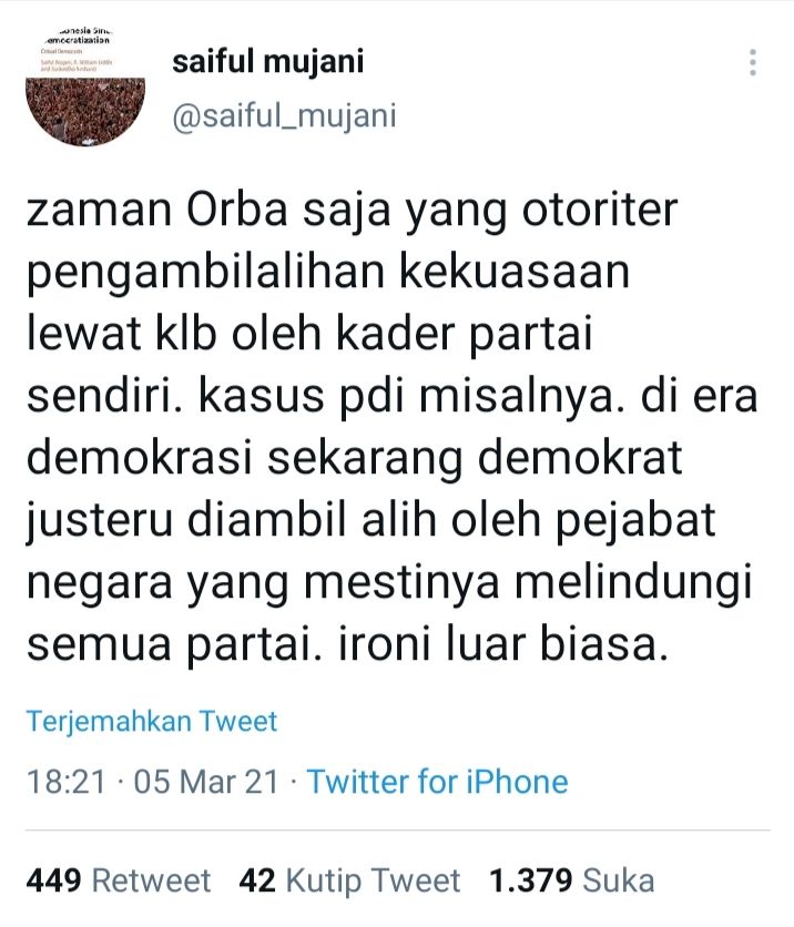 Tweet peneliti politik Indonesia, Saiful Mujani